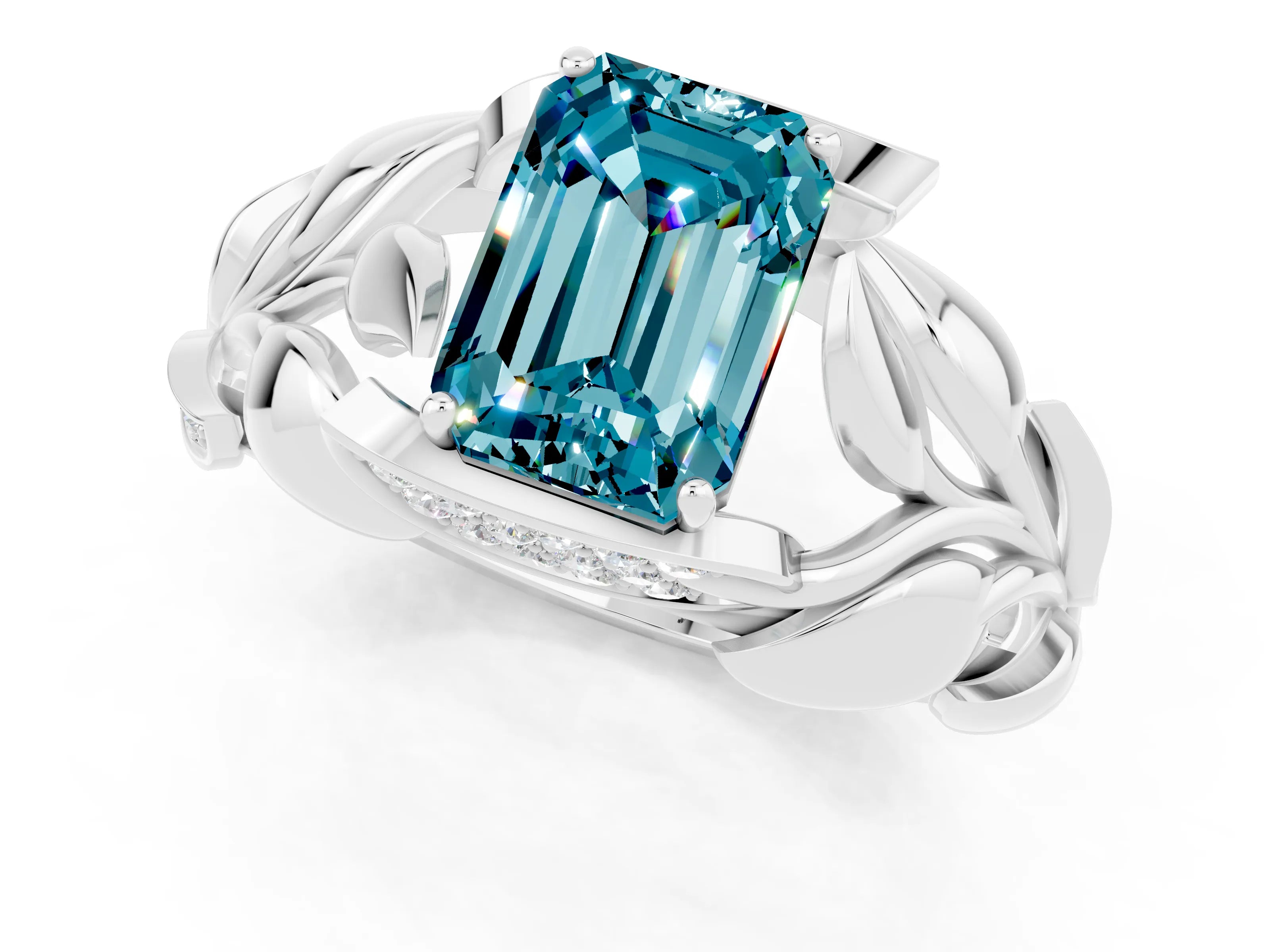 White gold Emerald Cut Solitaire Leaf-Inspired Engagement Ring with Prong Setting_1