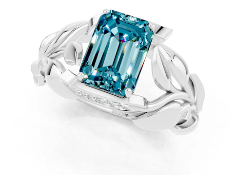 White gold Emerald Cut Solitaire Leaf-Inspired Engagement Ring with Prong Setting_1