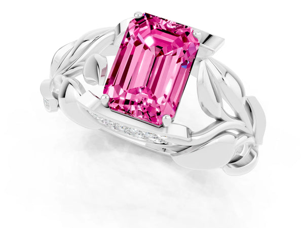 Platinum Emerald Cut Pink Sapphire Leaf-Inspired Engagement Ring with Round Accents and Prong Setting
