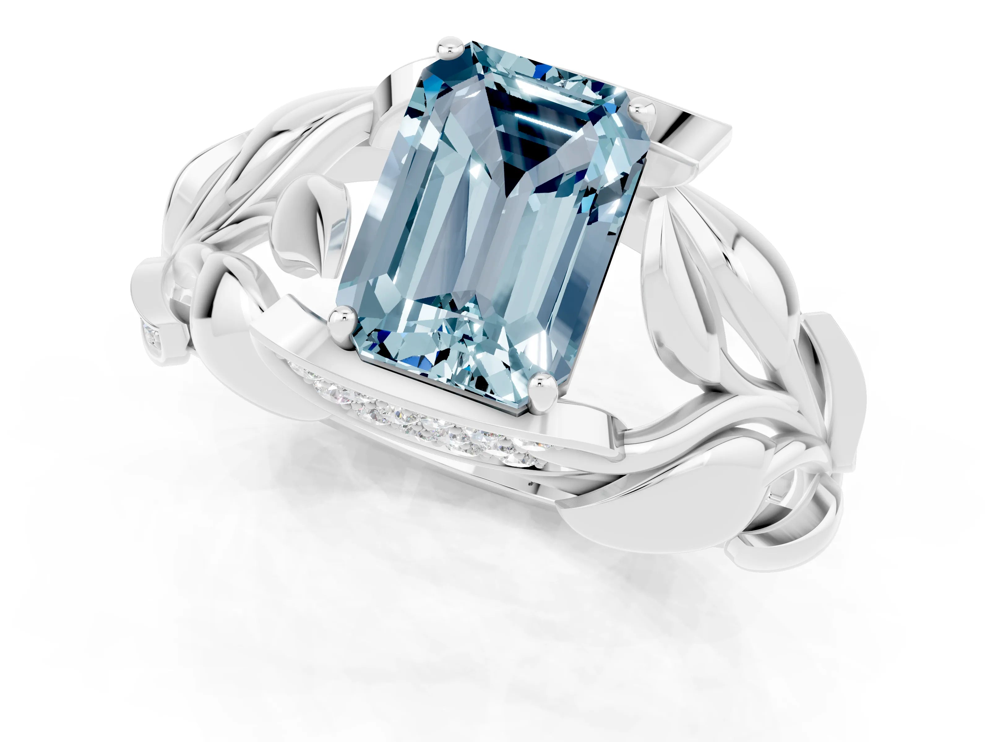 White gold Emerald Cut Solitaire Leaf-Inspired Engagement Ring with Prong Setting_1