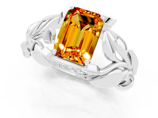 White gold Emerald Cut Citrine Leaf-Inspired Engagement Ring with Round Accents and Prong Setting