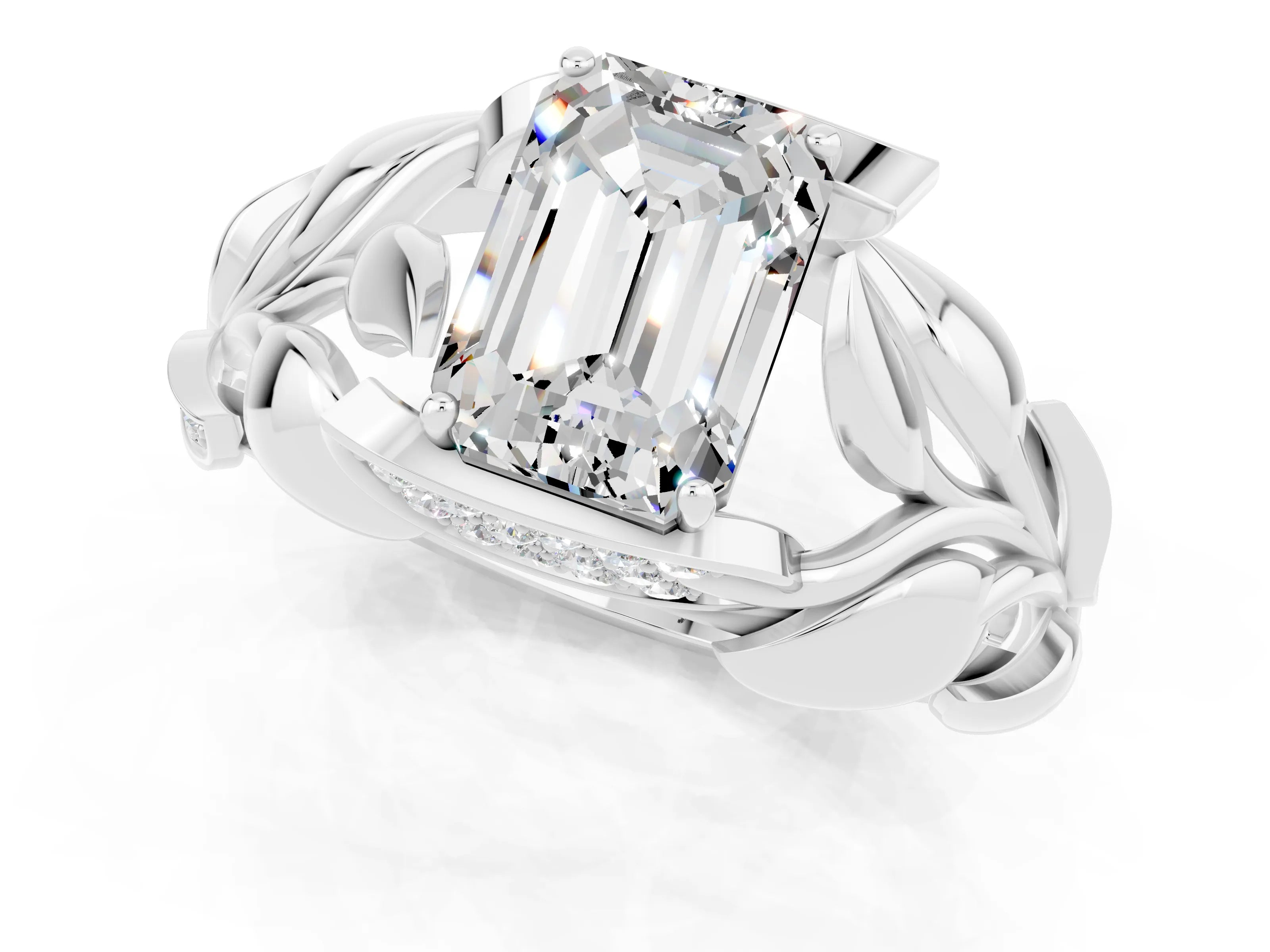 White gold Emerald Cut Solitaire Leaf-Inspired Engagement Ring with Prong Setting_1