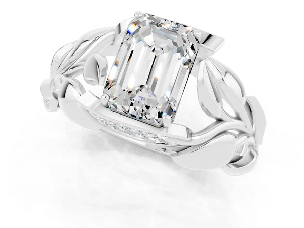 Platinum Emerald Cut Moissanite Leaf-Inspired Engagement Ring with Round Accents and Prong Setting
