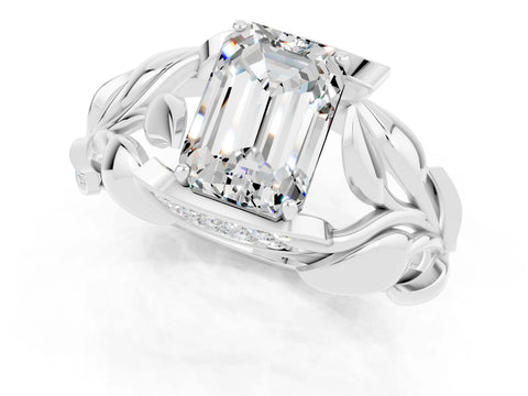 White gold Emerald Cut Solitaire Leaf-Inspired Engagement Ring with Prong Setting_1