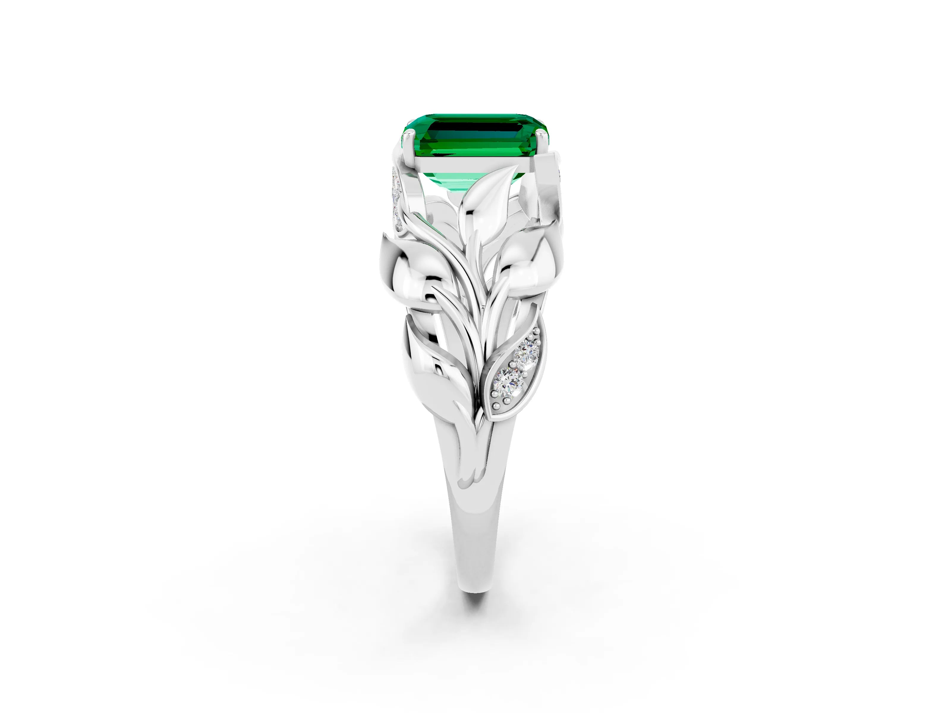 White gold Emerald Cut Solitaire Leaf-Inspired Engagement Ring with Prong Setting_2