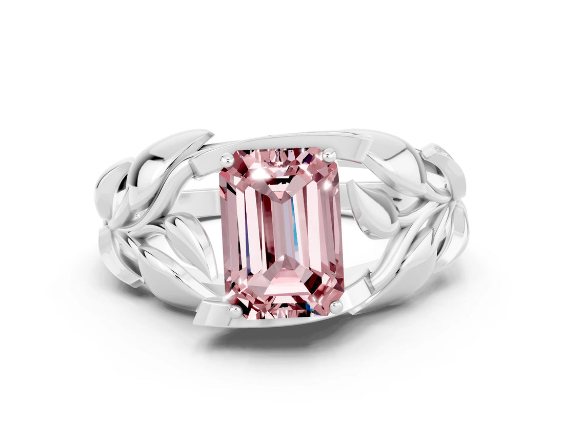 White gold Emerald Cut Solitaire Leaf-Inspired Engagement Ring with Prong Setting