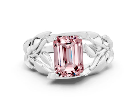 White gold Emerald Cut Solitaire Leaf-Inspired Engagement Ring with Prong Setting