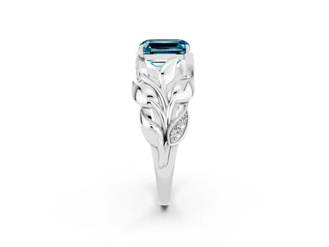 White gold Emerald Cut Solitaire Leaf-Inspired Engagement Ring with Prong Setting_2