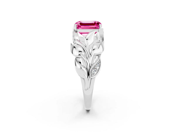 Silver Emerald Cut Pink Sapphire Leaf-Inspired Engagement Ring with Round Accents and Prong Setting