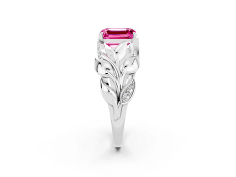 White gold Emerald Cut Solitaire Leaf-Inspired Engagement Ring with Prong Setting_2