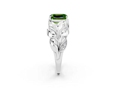White gold Emerald Cut Solitaire Leaf-Inspired Engagement Ring with Prong Setting_2
