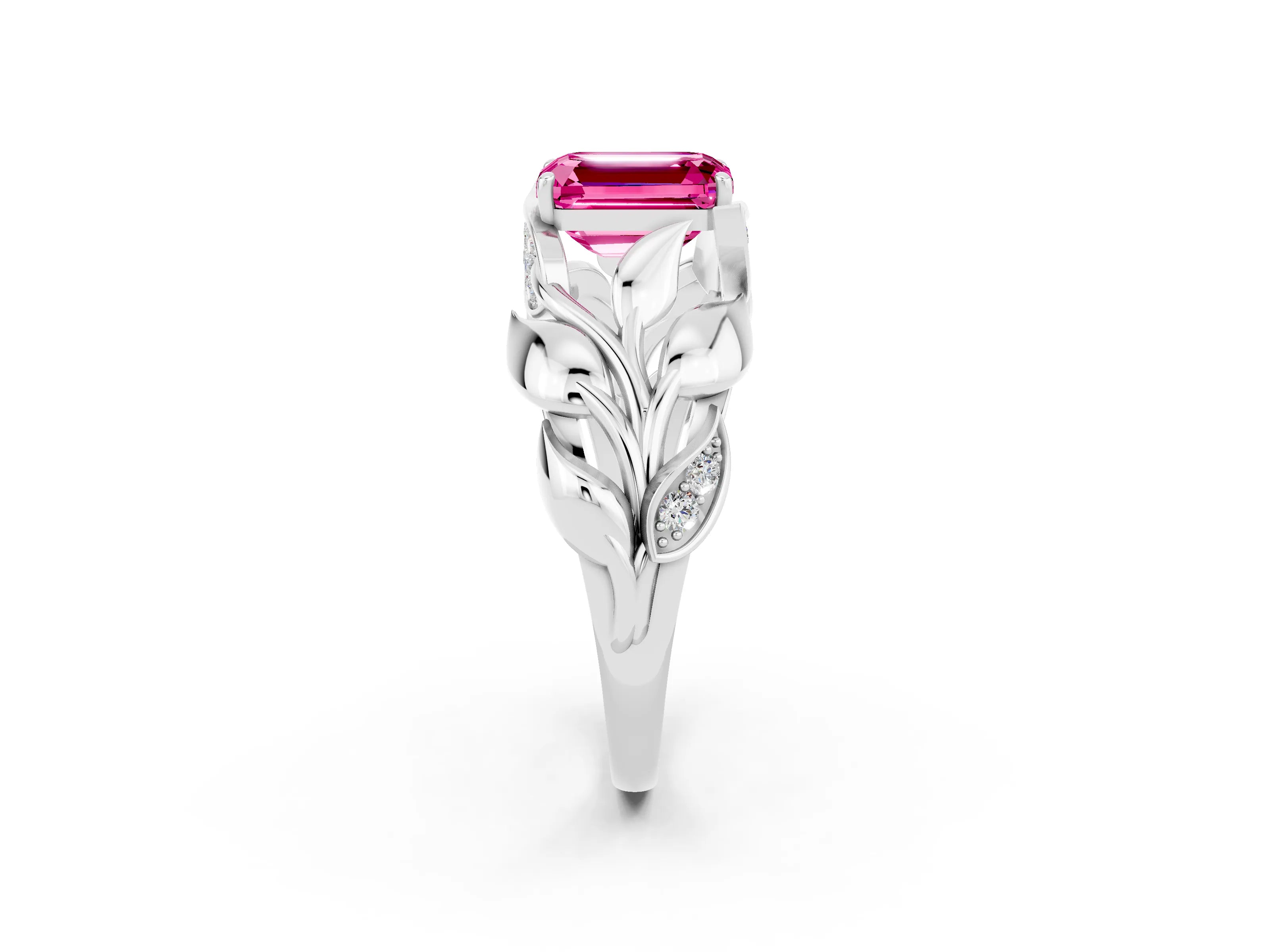 White gold Emerald Cut Solitaire Leaf-Inspired Engagement Ring with Prong Setting_2