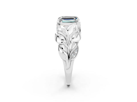 White gold Emerald Cut Solitaire Leaf-Inspired Engagement Ring with Prong Setting_2