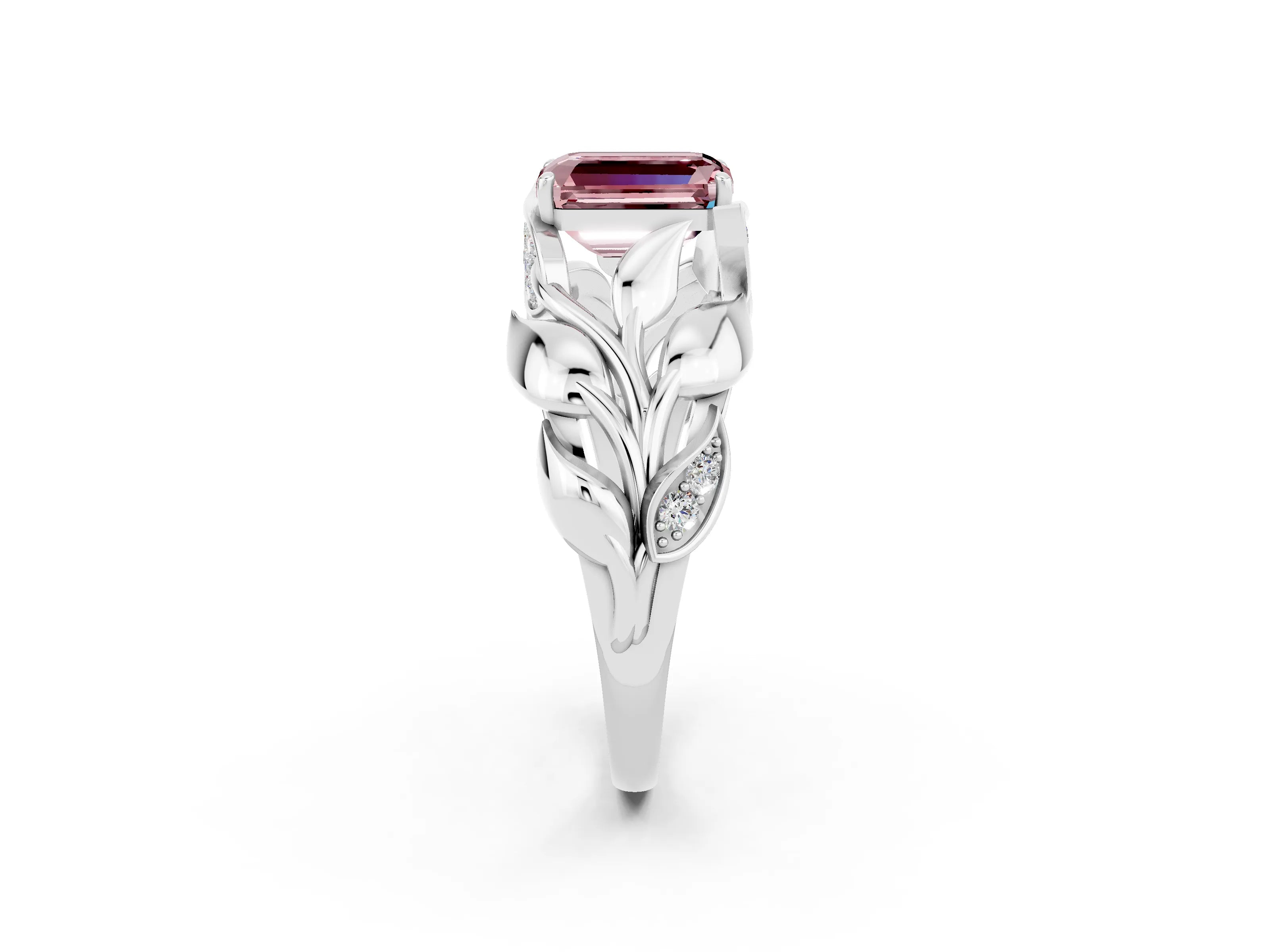 White gold Emerald Cut Solitaire Leaf-Inspired Engagement Ring with Prong Setting_2