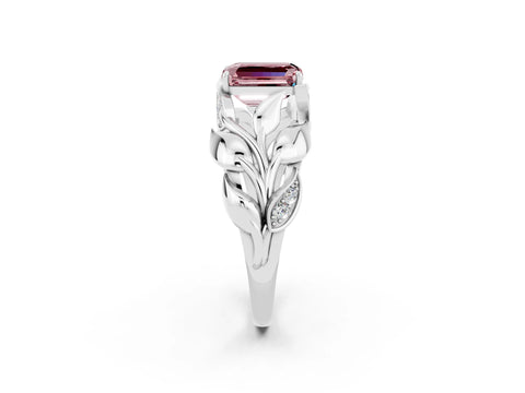 White gold Emerald Cut Solitaire Leaf-Inspired Engagement Ring with Prong Setting_2