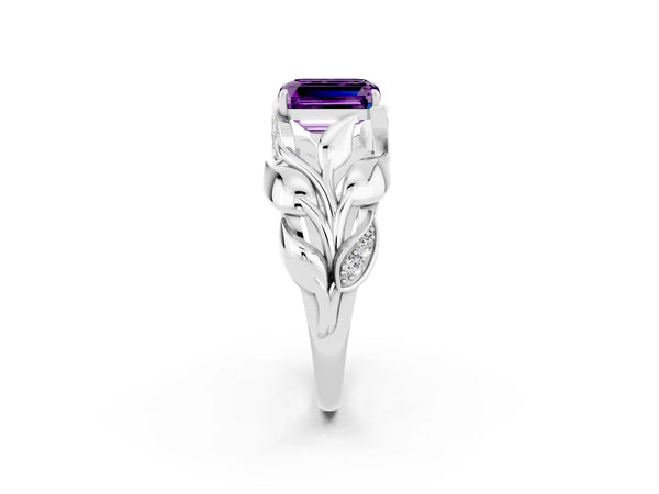 White gold Emerald Cut Amethyst Leaf-Inspired Engagement Ring with Round Accents and Prong Setting