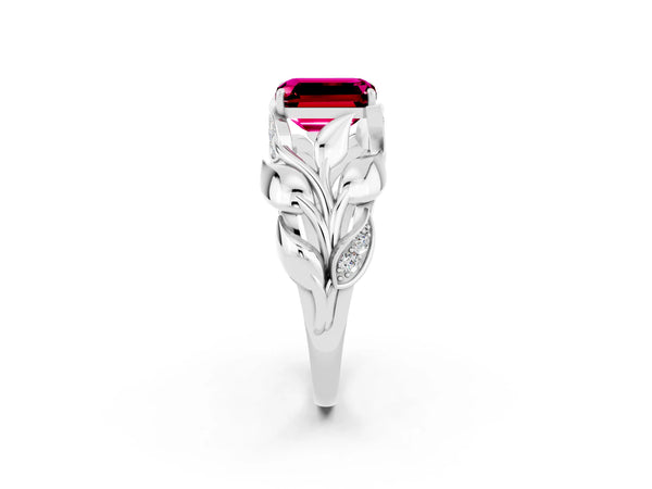 Silver Emerald Cut Garnet Leaf-Inspired Engagement Ring with Round Accents and Prong Setting