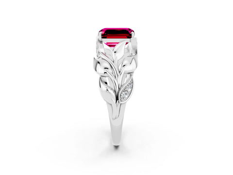 White gold Emerald Cut Solitaire Leaf-Inspired Engagement Ring with Prong Setting_2