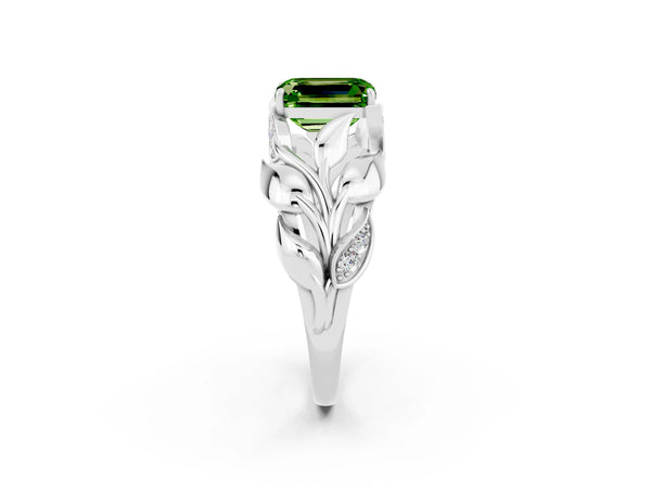 White gold Emerald Cut Solitaire Leaf-Inspired Engagement Ring with Prong Setting