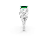 White gold Emerald Cut Solitaire Leaf-Inspired Engagement Ring with Prong Setting_2