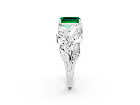 White gold Emerald Cut Solitaire Leaf-Inspired Engagement Ring with Prong Setting_2