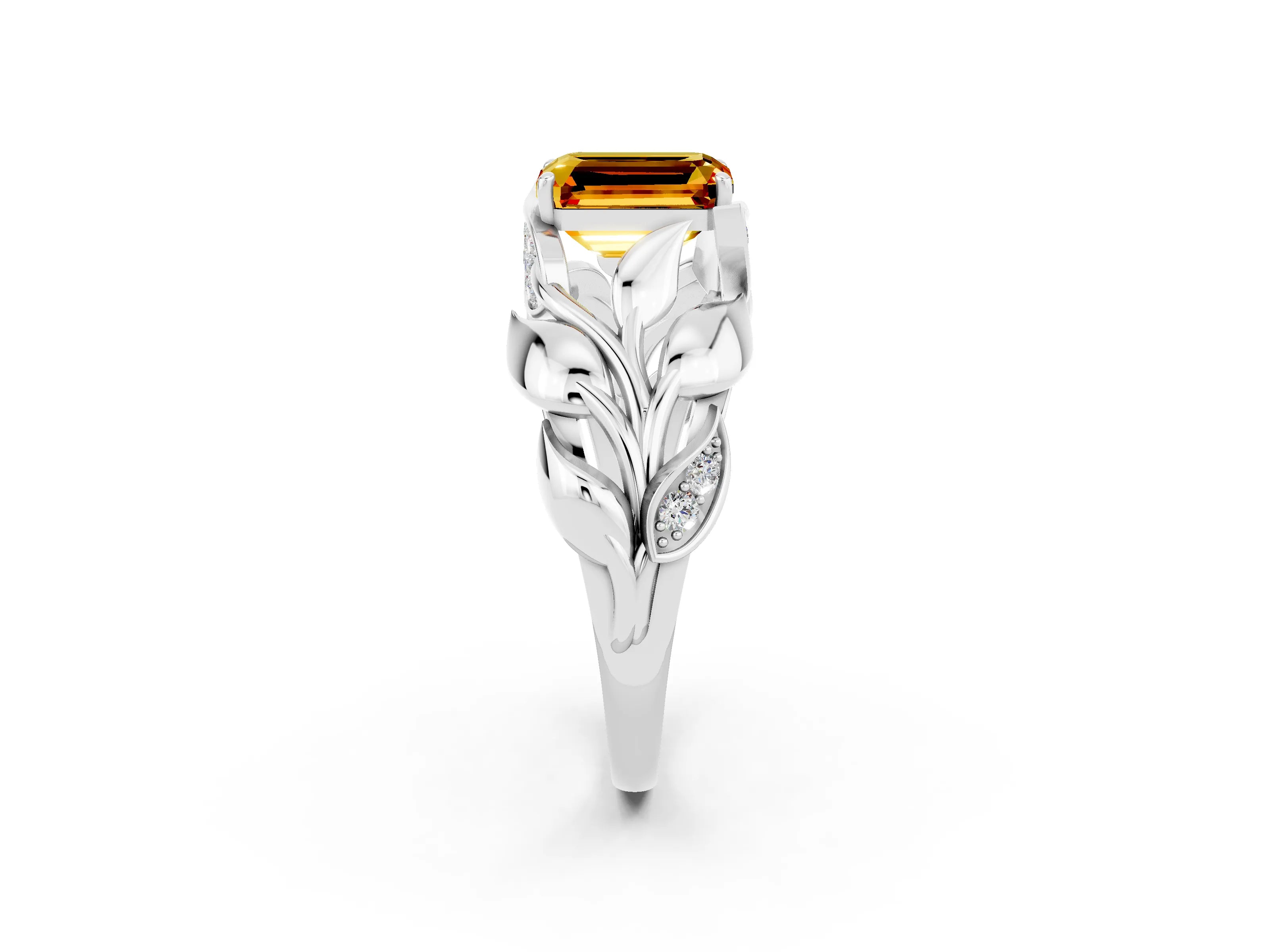 White gold Emerald Cut Solitaire Leaf-Inspired Engagement Ring with Prong Setting_2