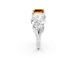 White gold Emerald Cut Solitaire Leaf-Inspired Engagement Ring with Prong Setting_2