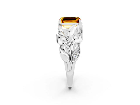 White gold Emerald Cut Solitaire Leaf-Inspired Engagement Ring with Prong Setting_2