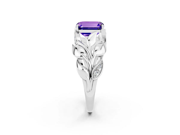 White gold Emerald Cut Tanzanite Leaf-Inspired Engagement Ring with Round Accents and Prong Setting