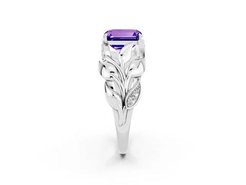 White gold Emerald Cut Solitaire Leaf-Inspired Engagement Ring with Prong Setting_2