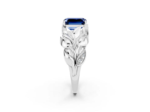 White gold Emerald Cut Solitaire Leaf-Inspired Engagement Ring with Prong Setting_2
