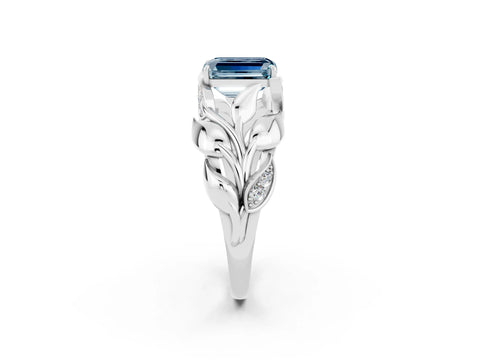 White gold Emerald Cut Solitaire Leaf-Inspired Engagement Ring with Prong Setting_2