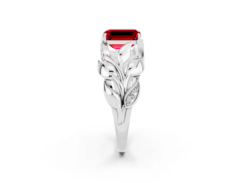 White gold Emerald Cut Solitaire Leaf-Inspired Engagement Ring with Prong Setting_2