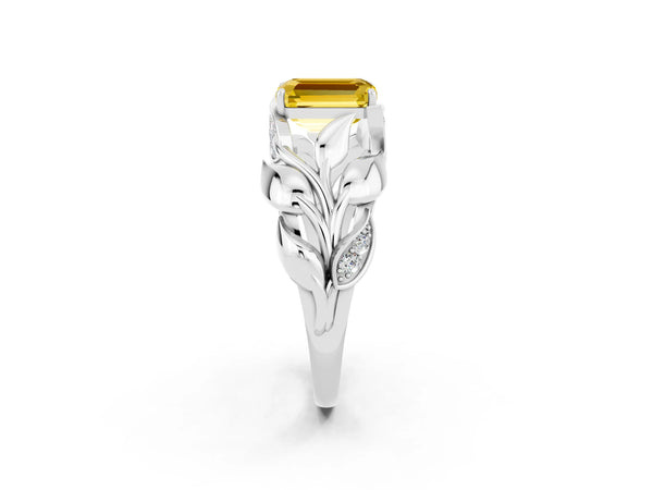 White gold Emerald Cut Yellow Sapphire Leaf-Inspired Engagement Ring with Round Accents and Prong Setting