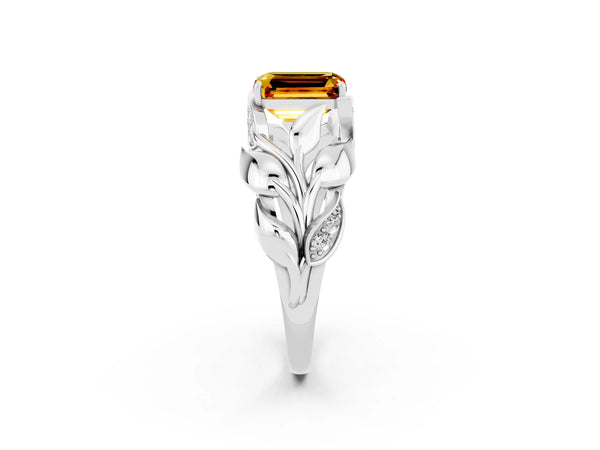 Silver Emerald Cut Citrine Leaf-Inspired Engagement Ring with Round Accents and Prong Setting