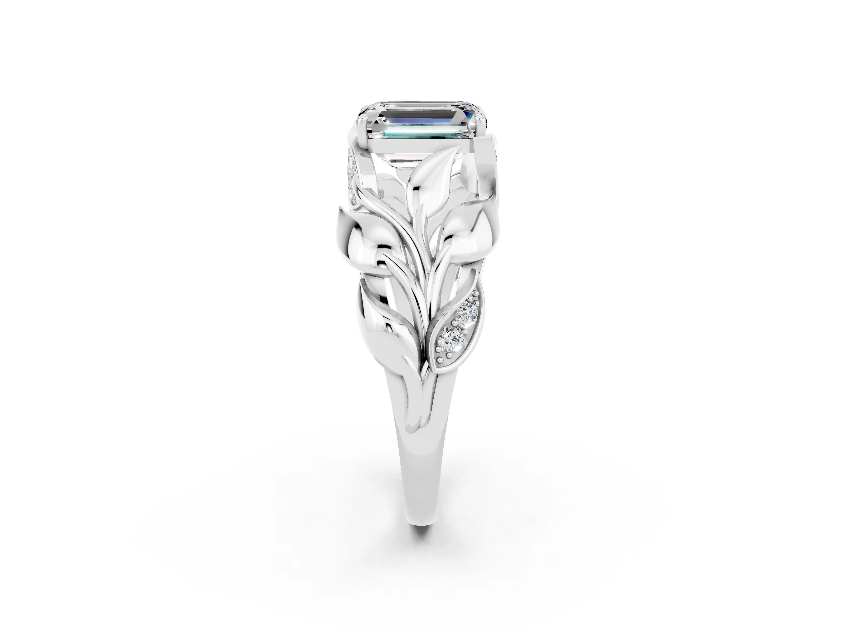 White gold Emerald Cut Solitaire Leaf-Inspired Engagement Ring with Prong Setting_2