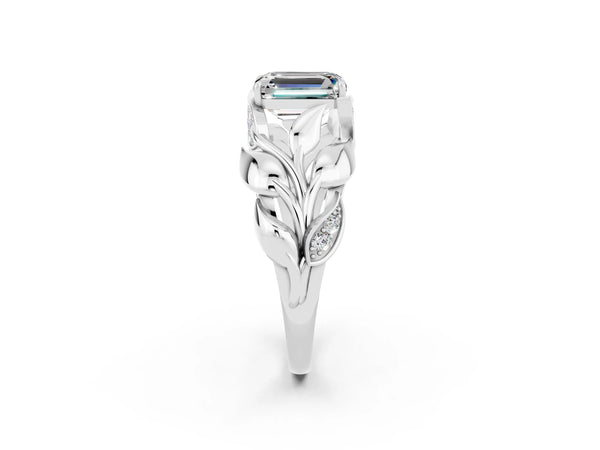 White gold Emerald Cut Moissanite Leaf-Inspired Engagement Ring with Round Accents and Prong Setting