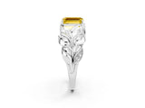 White gold Emerald Cut Solitaire Leaf-Inspired Engagement Ring with Prong Setting_2