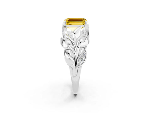 White gold Emerald Cut Solitaire Leaf-Inspired Engagement Ring with Prong Setting_2