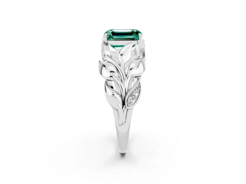 White gold Emerald Cut Solitaire Leaf-Inspired Engagement Ring with Prong Setting_2