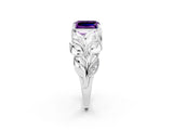 White gold Emerald Cut Solitaire Leaf-Inspired Engagement Ring with Prong Setting_2