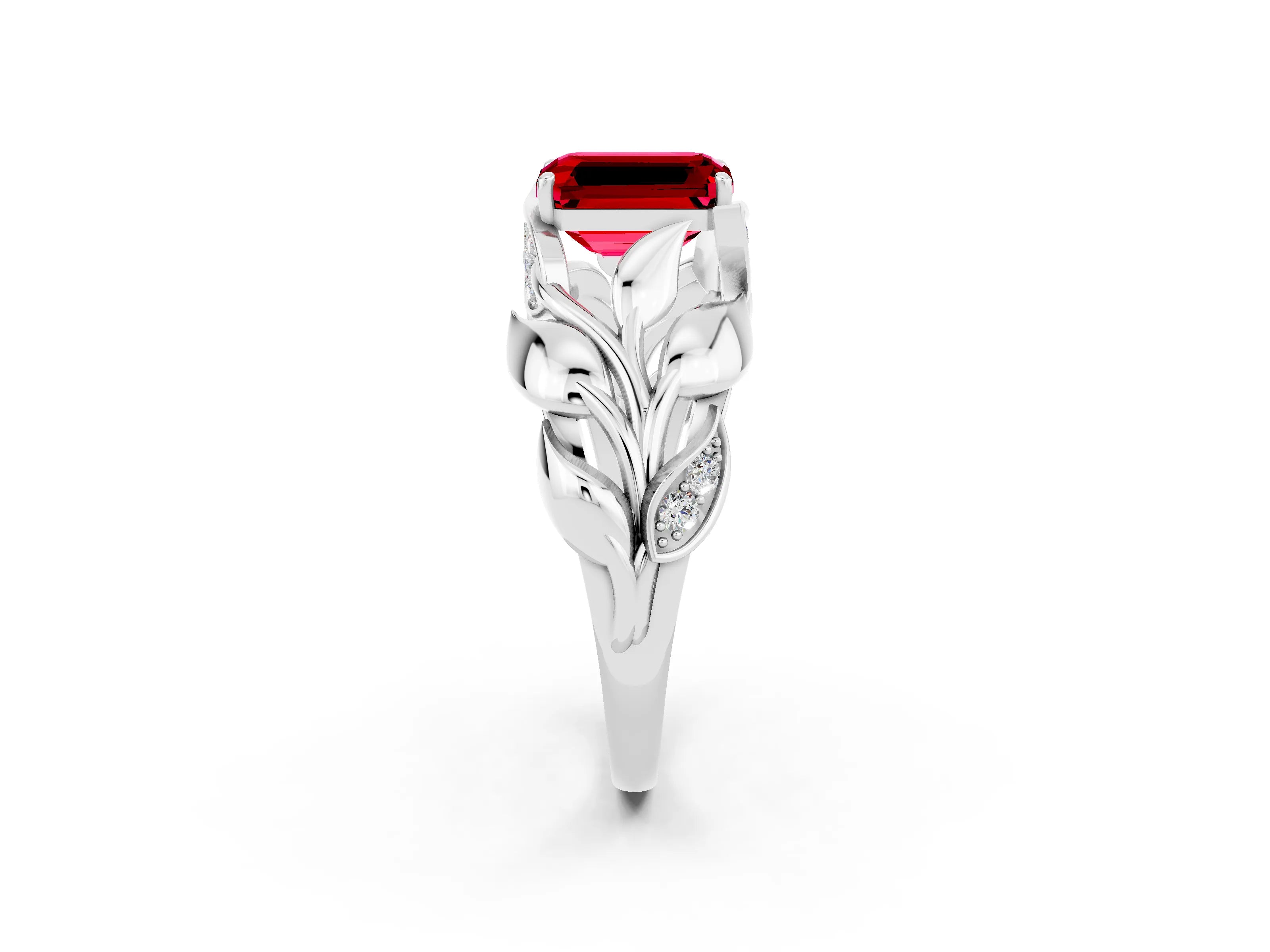 White gold Emerald Cut Solitaire Leaf-Inspired Engagement Ring with Prong Setting_2