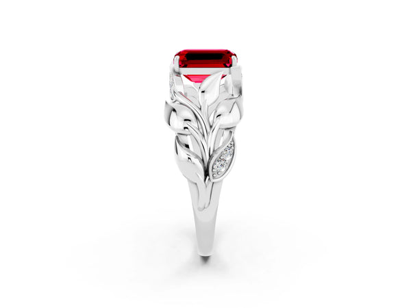 White gold Emerald Cut Ruby Leaf-Inspired Engagement Ring with Round Accents and Prong Setting