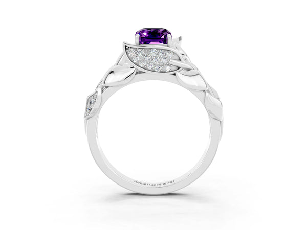 Silver Emerald Cut Amethyst Leaf-Inspired Engagement Ring with Round Accents and Prong Setting
