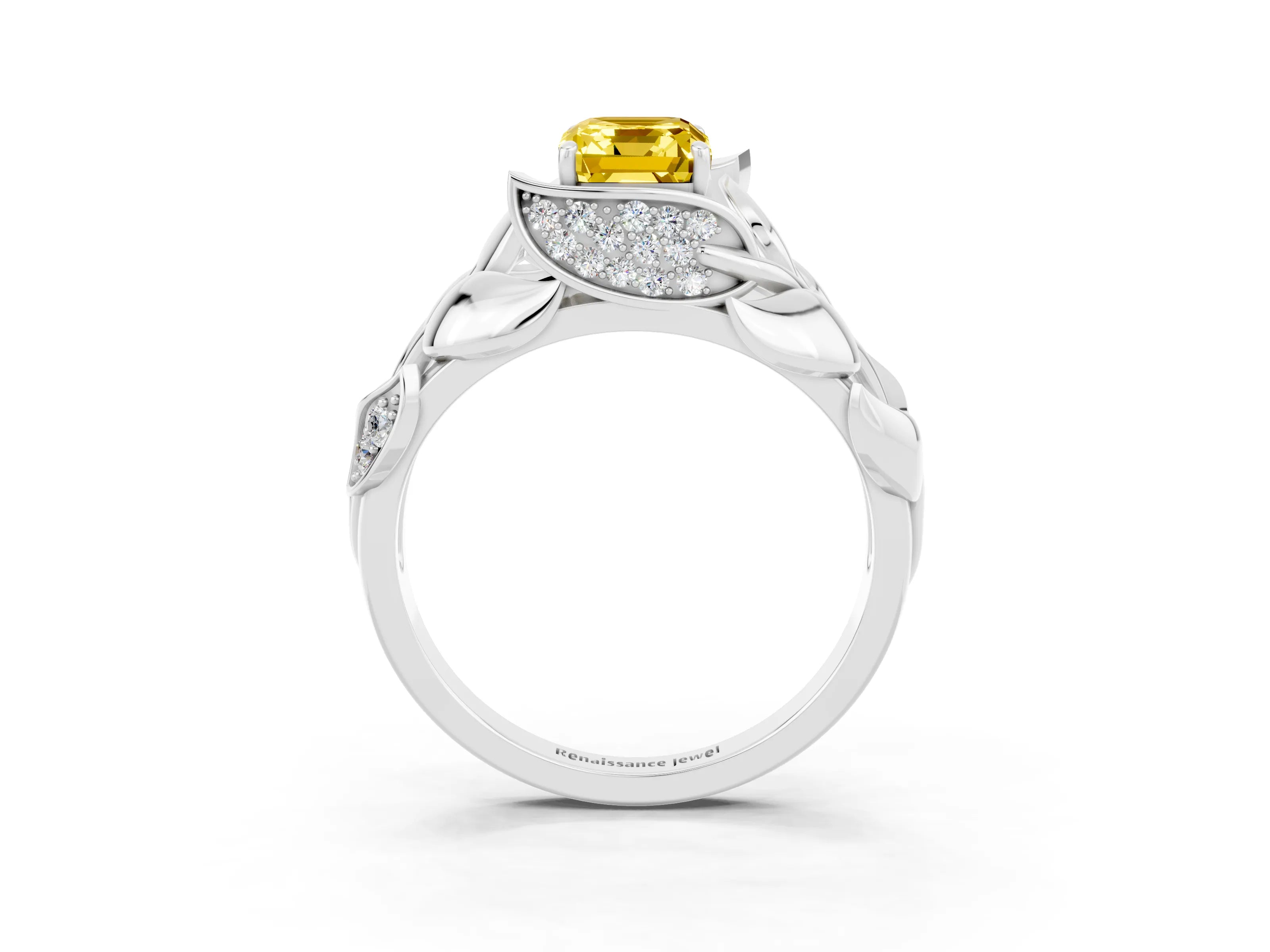 White gold Emerald Cut Solitaire Leaf-Inspired Engagement Ring with Prong Setting_3