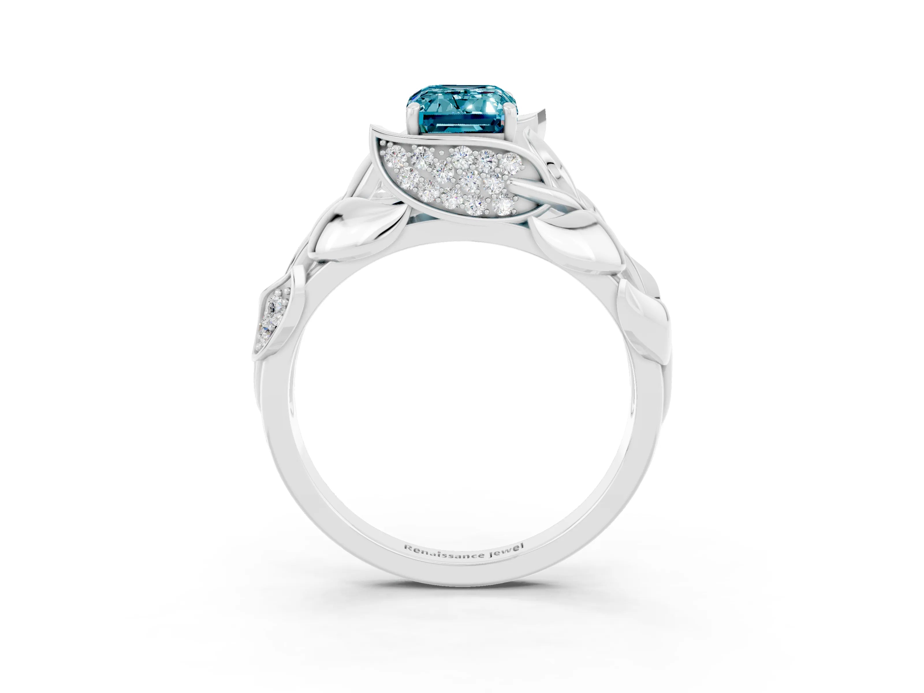 White gold Emerald Cut Solitaire Leaf-Inspired Engagement Ring with Prong Setting_3