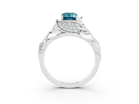 White gold Emerald Cut Solitaire Leaf-Inspired Engagement Ring with Prong Setting_3