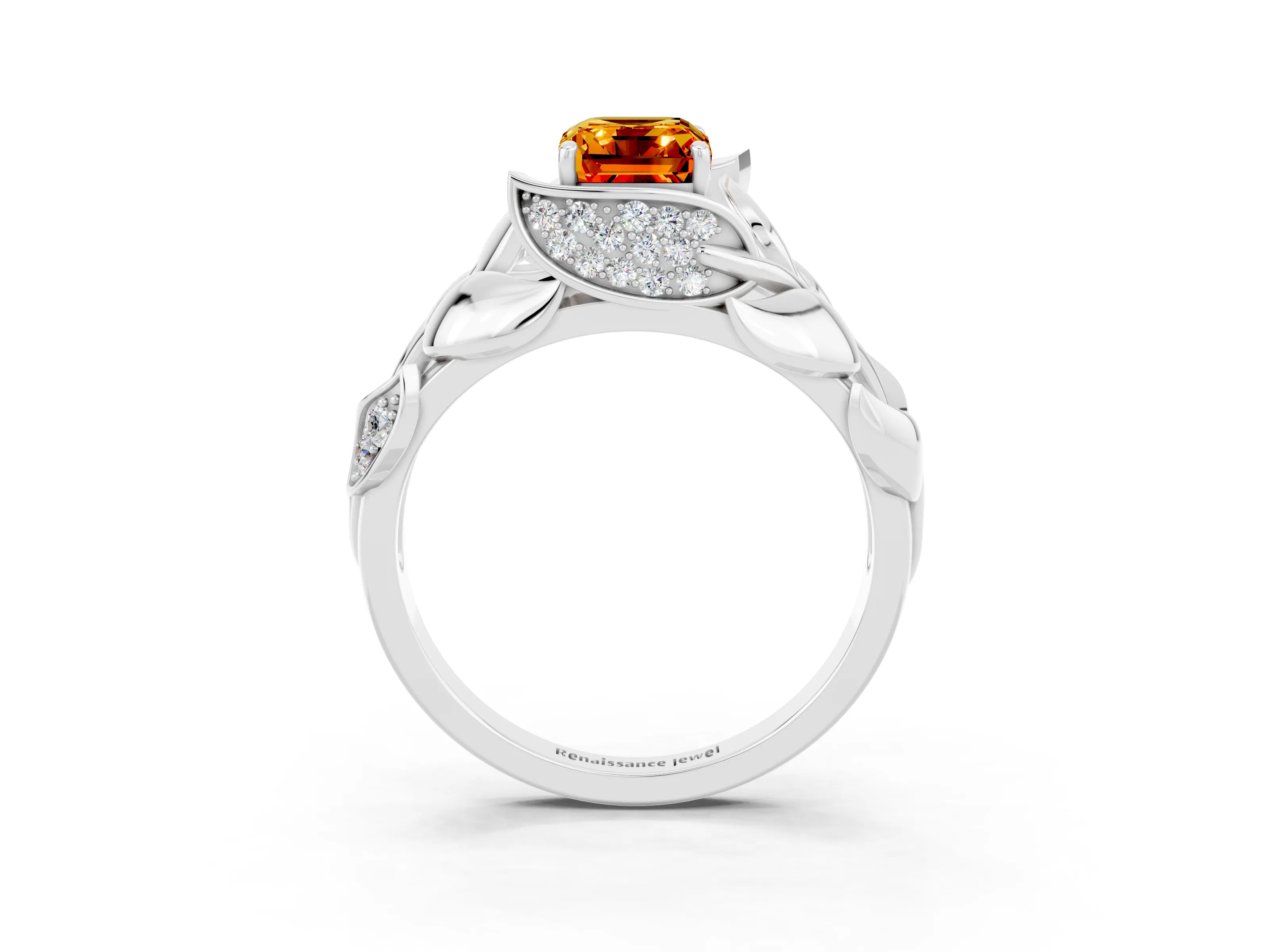 White gold Emerald Cut Solitaire Leaf-Inspired Engagement Ring with Prong Setting_3