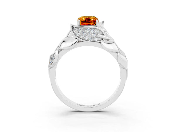 Platinum Emerald Cut Citrine Leaf-Inspired Engagement Ring with Round Accents and Prong Setting