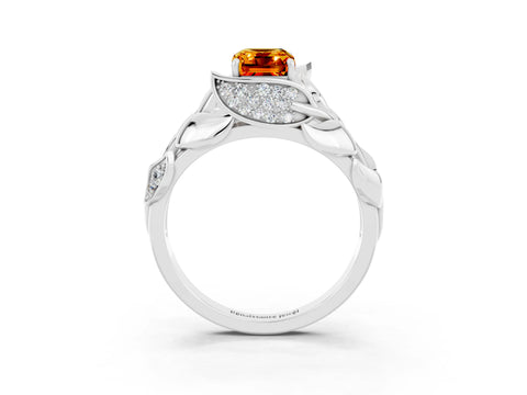 White gold Emerald Cut Solitaire Leaf-Inspired Engagement Ring with Prong Setting_3